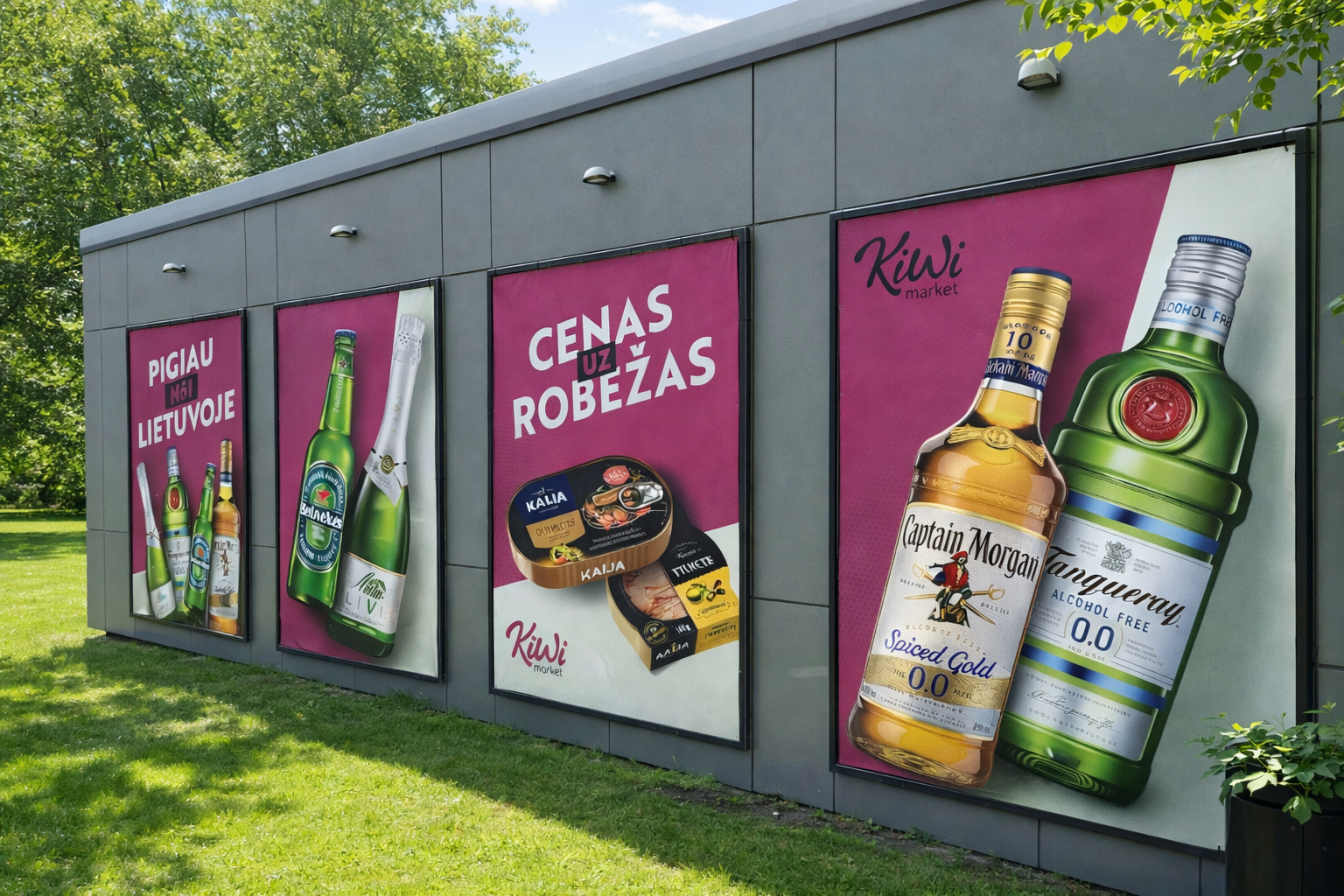 Kiwi Market parduotuvės fasadas su rožinėmis iškabomis